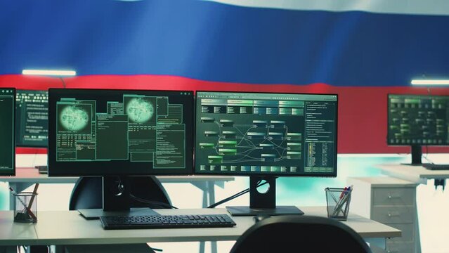 Empty autocracy cyber defense room with Russian flag running on big screen, showcasing the threat of cyberterrorism and propaganda. Activities of Russian hackers to spread fake news. Camera A.