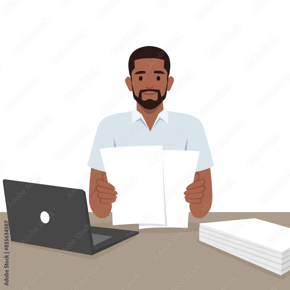 Wall mural young man looking through paper documents, satisfied with research. flat vector illustration isolate