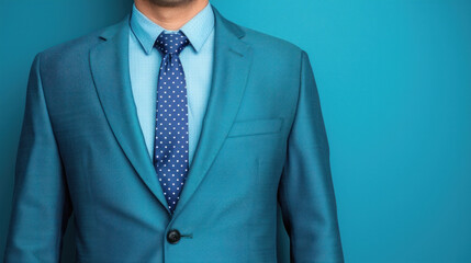 A man in a blue suit and tie stands in front of a blue wall. The suit is made of a shiny material and the tie is blue with white dots. The man's posture and the suit's design give off a confident