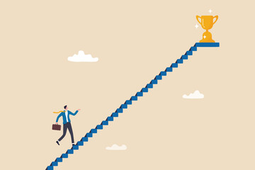 Small steps to success, challenge improve career and achieve target, journey, aspiration to reach goal, patience and persistence concept, businessman walk up small step stair to reach trophy reward.