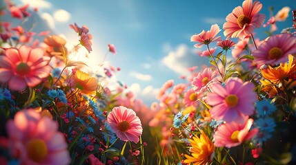 A vibrant depiction of floral infinity loops on a bright spring day. The loops are made of various flowers, intertwined beautifully with a backdrop of a sunny sky 