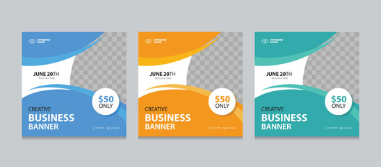 Set of Editable square business web banner design template. background gradients color. Suitable for social media post, instagram story and web ads. Vector illustration with Space to add pictures.