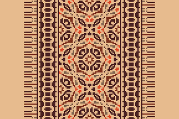 Traditional ethnic motifs ikat geometric fabric pattern cross stitch.Ikat embroidery Ethnic oriental Pixel navy blue background. Abstract,vector,illustration. Texture,scarf,decoration,wallpaper.