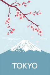 Tokyo poster with sakura branch and Mount Fuji outline.