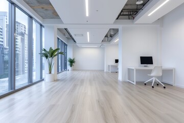 Fototapeta premium Modern open space office interior with white columns and tables, chairs and computers on them.