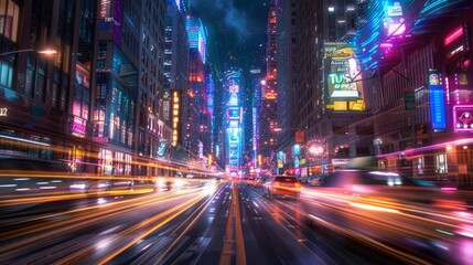 Obraz premium Dynamic night scene futuristic city street with vibrant car light trails and towering skyline