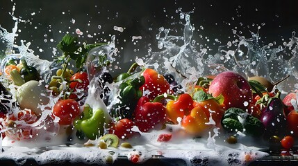 Fresh vegetables, fruits and water splashes on panoramic background. 