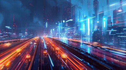 Obraz premium Dynamic night traffic on highway to futuristic city skyline with glowing lights and light trails
