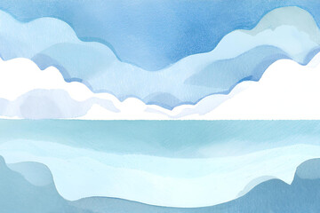 Misty Ocean Horizon, Serene Seascapes in Watercolor, Ethereal Coastal Clouds, Tranquil Sea and Sky, Abstract Nautical Mood