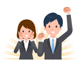スーツを着たビジネスピープル男女。感動、感激、喜ぶ。