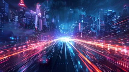 Fototapeta premium Vibrant cityscape fast traffic on lit highway, futuristic skyline aglow with energy