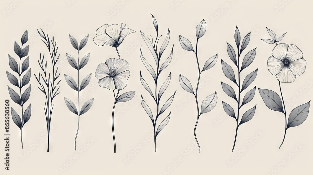 Wall mural Simple line art of various botanical elements like leaves and flowers