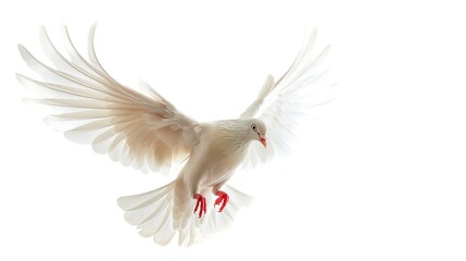 Obraz premium Elegant white dove flying with spread wings isolated on white background. This image depicts peace and freedom. Suitable for nature, wildlife, and symbolic purposes in various creative projects. AI
