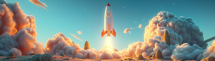 Obraz premium A vibrant illustration of a rocket launching into space, surrounded by clouds and stars, set against a stunning sunset sky.