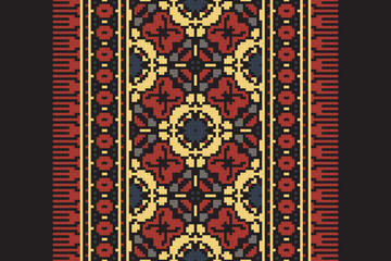 Traditional ethnic motifs ikat geometric fabric pattern cross stitch.Ikat embroidery Ethnic oriental Pixel navy blue background. Abstract,vector,illustration. Texture,scarf,decoration,wallpaper.