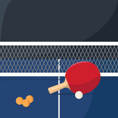Table tennis racket and balls on the table. Vector illustration in flat style.
