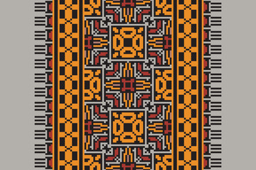 Traditional ethnic motifs ikat geometric fabric pattern cross stitch.Ikat embroidery Ethnic oriental Pixel navy blue background. Abstract,vector,illustration. Texture,scarf,decoration,wallpaper.