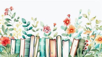 Colorful back to school watercolor card with books and flowers on white background
