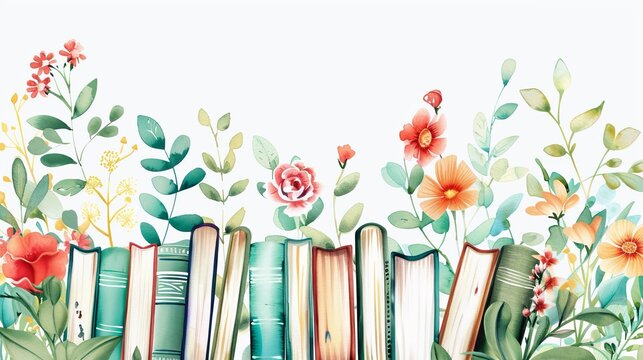 Colorful back to school watercolor card with books and flowers on white background
