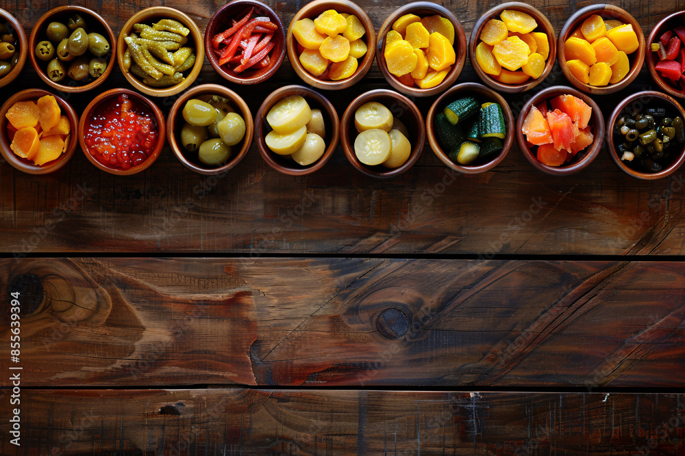 Poster assorted japanese pickles and side dishes in small bowls stock photo with copy space isolated on whi