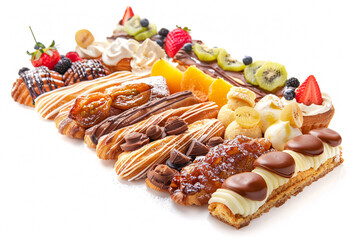 Assorted French pastries including eclairs and fruit tarts Stock Photo with copy space Isolated on white background