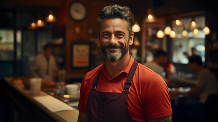 Obraz premium Enjoy a Warm Welcome from Our Friendly Waiter at the Coffee Shop