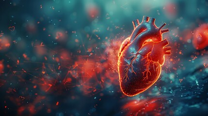 An abstract design of animated hearts beating in rhythm on a health-themed background. The red hearts pulse energetically against a backdrop of medical symbols and cool, calming colors