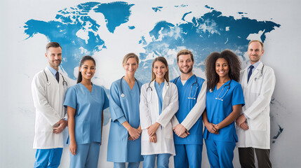 Global Healthcare Team: A diverse group of doctors and nurses stands united against a world map backdrop, symbolizing international cooperation and dedication in medicine