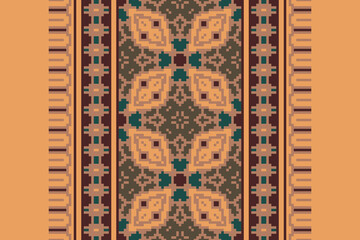 Traditional ethnic motifs ikat geometric fabric pattern cross stitch.Ikat embroidery Ethnic oriental Pixel navy blue background. Abstract,vector,illustration. Texture,scarf,decoration,wallpaper.