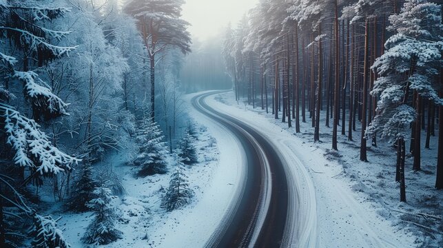 A tranquil winter scene featuring a winding road through a snow-covered forest with tall pine trees and a misty atmosphere.