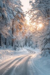 Obraz premium A tranquil winter scene featuring a winding road through a snow-covered forest at sunrise, with sunlight filtering through the trees.