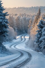 A tranquil snowy road meandering through a dense forest covered in frost, illuminated by the gentle morning light.