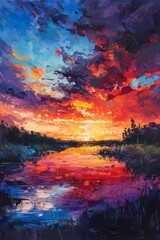A stunning sunset over a calm river, showcasing a vibrant sky with rich colors and reflections on the water, surrounded by natural scenery.