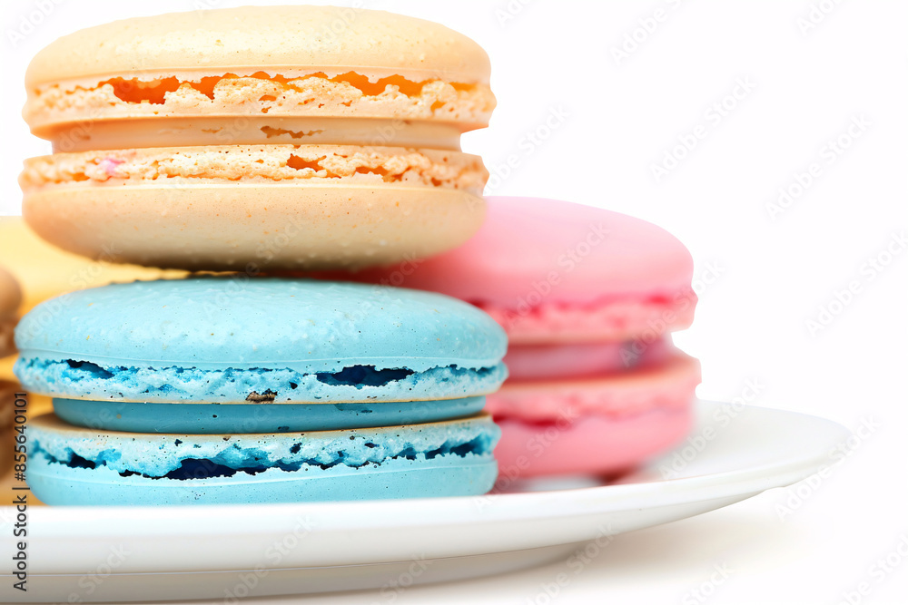 Poster french macaron cookies in assorted colors on a white plate stock photo with copy space isolated on w