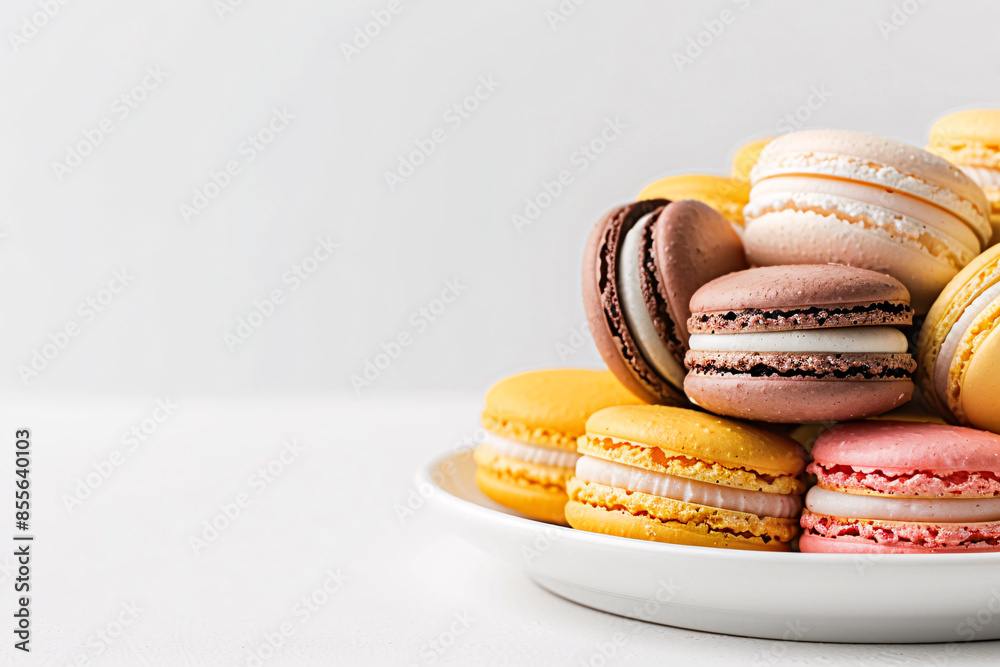Poster french macaron cookies in assorted colors on a white plate stock photo with copy space isolated on w