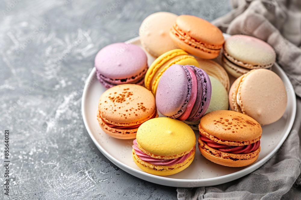 Poster french macaron cookies in assorted colors on a white plate stock photo with copy space isolated on w
