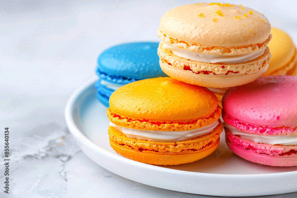 Poster french macaron cookies in assorted colors on a white plate stock photo with copy space isolated on w