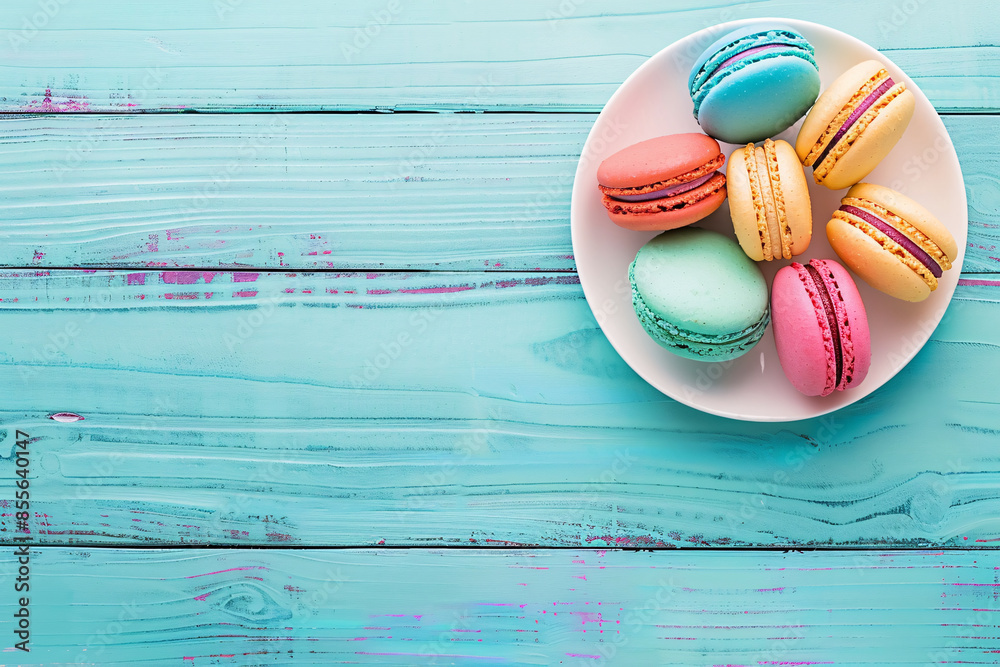 Poster french macaron cookies in assorted colors on a white plate stock photo with copy space isolated on w