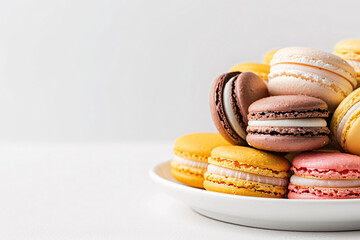 French macaron cookies in assorted colors on a white plate Stock Photo with copy space Isolated on white background