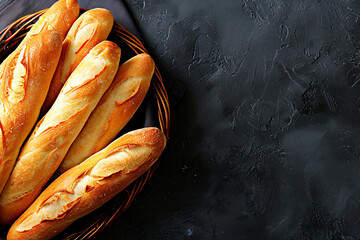 Freshly baked French baguettes stacked in a basket Stock Photo with copy space Isolated on white background