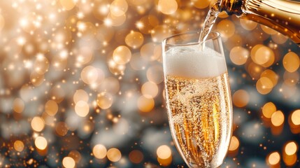 Champagne being poured into a flute glass with golden sparkling bubbles and festive lights