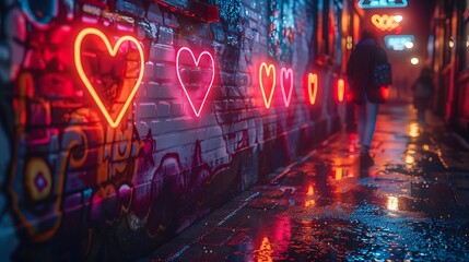 An abstract design of neon hearts illuminating a dark, urban alleyway. The vibrant neon lights create colorful reflections on the wet pavement and walls, enhancing the dramatic and moody atmosphere