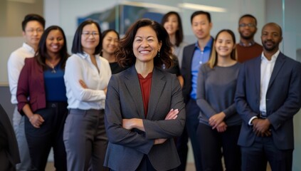 Fototapeta premium Asian, African American Businessman Womann Boss Group Of Business People In Creative Office, Successful Mix Race Man Leading Businesspeople Team Stand Folded Hands, Professional Staff Happy Smiling