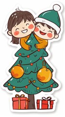 A boy and a girl hugging on top of a christmas tree