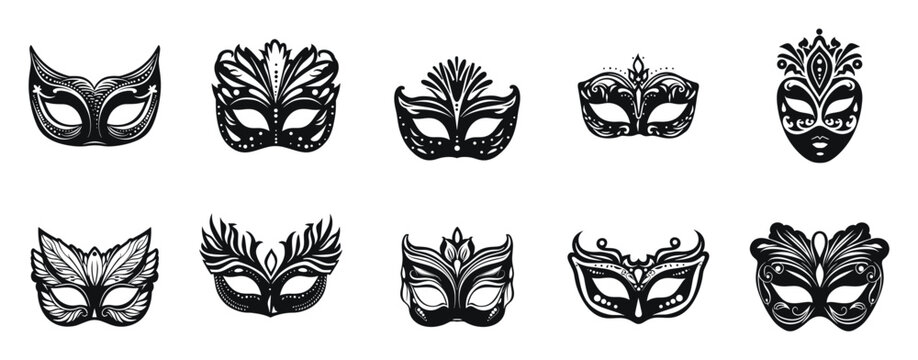Masquerade masks collection vector black and white illustration. Ornate and detailed masks for carnival silhouette.