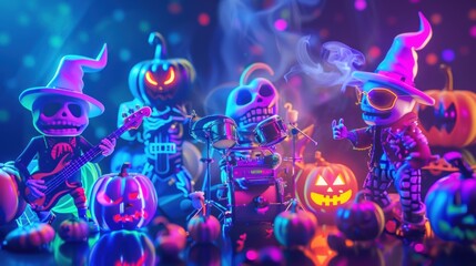 A group of skeleton figurines dressed in halloween costumes