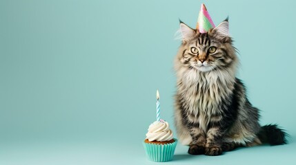 Adorable Maine Coon Cat Wearing Party Hat with Cupcake and Candle on Light Blue Background. Perfect for Birthday Celebrations and Pet Party Themes. Happy, playful image, with vibrant colors. AI