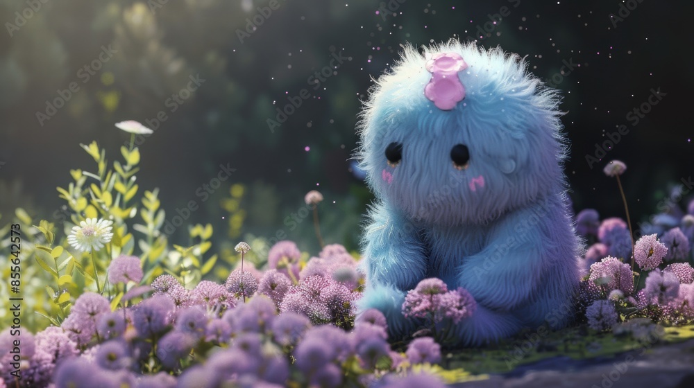 Canvas Prints A blue teddy bear sitting in a field of purple flowers