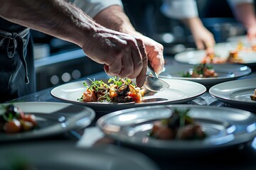 Photo of a chef's hands plating a dish in a restaurant kitchen, with a closeup on a hand holding a spoon near a plate, with a minimalist interior design concept and blurred background. 
