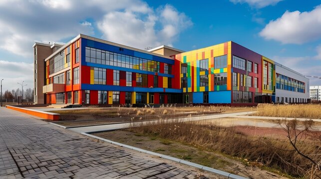 Modern high school building in polessk, kaliningrad region, russia, exterior view with clear sky background